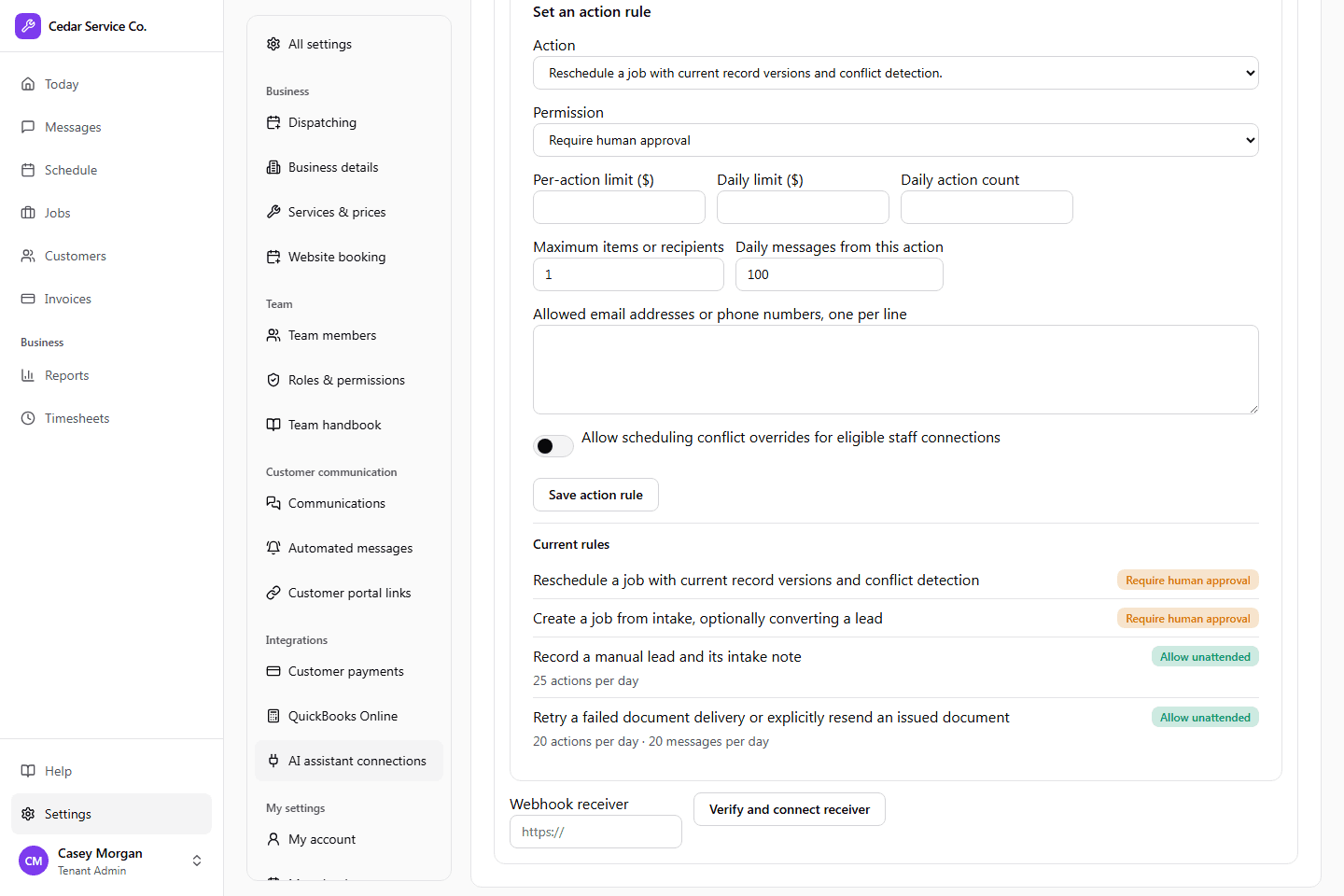 An assistant connection with action rules, limits, and a require-approval rule