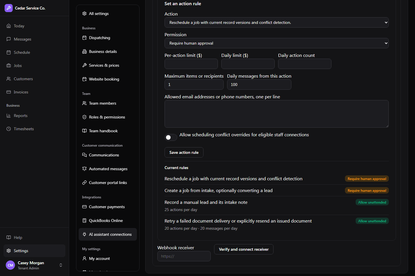An assistant connection with action rules, limits, and a require-approval rule