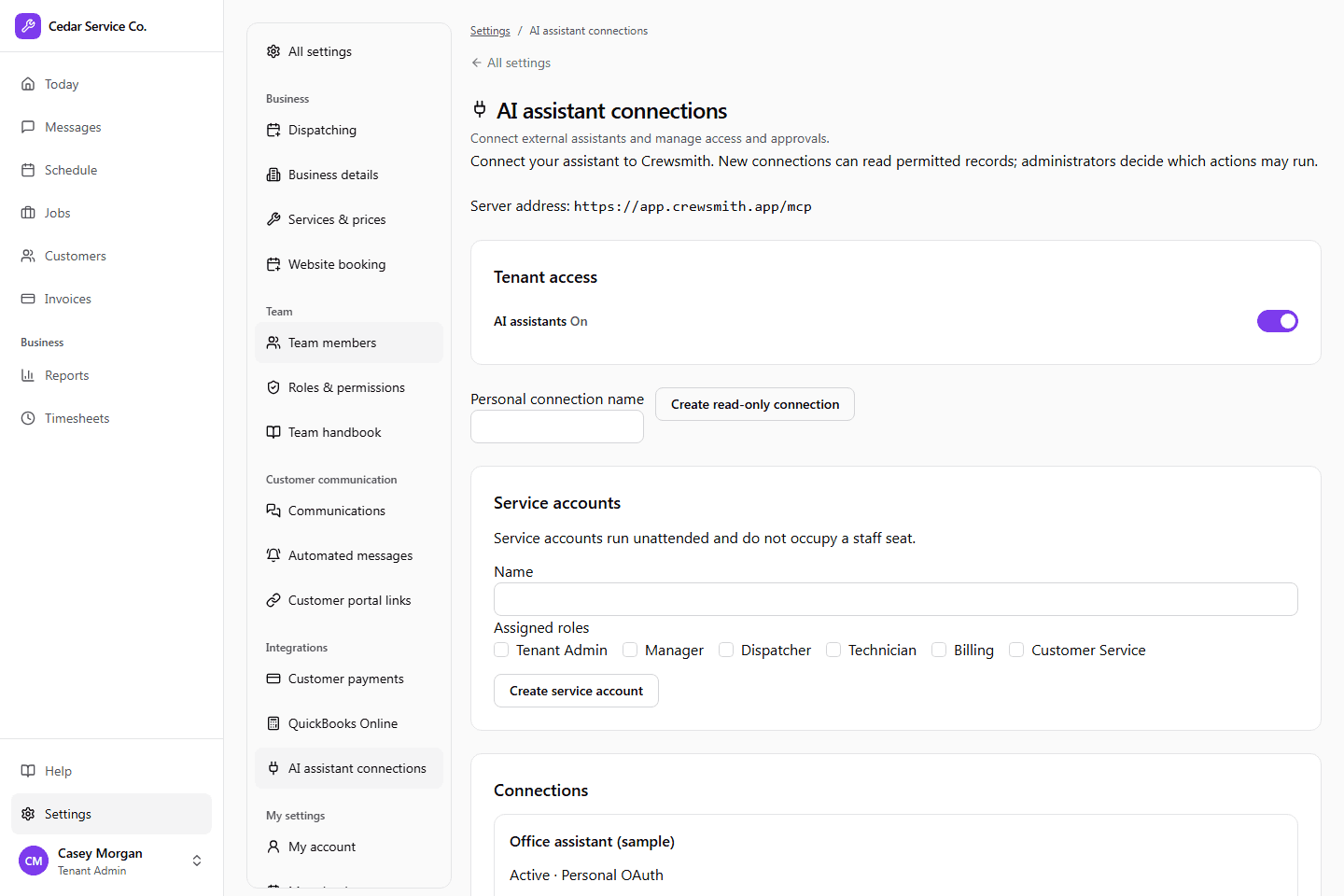 Crewsmith AI assistant connections with tenant access enabled and an active connection
