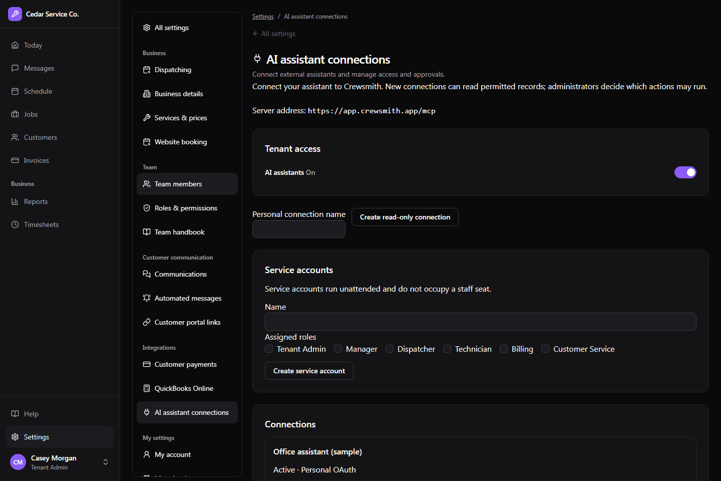 Crewsmith AI assistant connections with tenant access enabled and an active connection