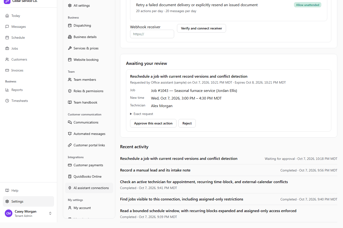 An assistant’s proposed change awaiting review, with an approve button for that exact action
