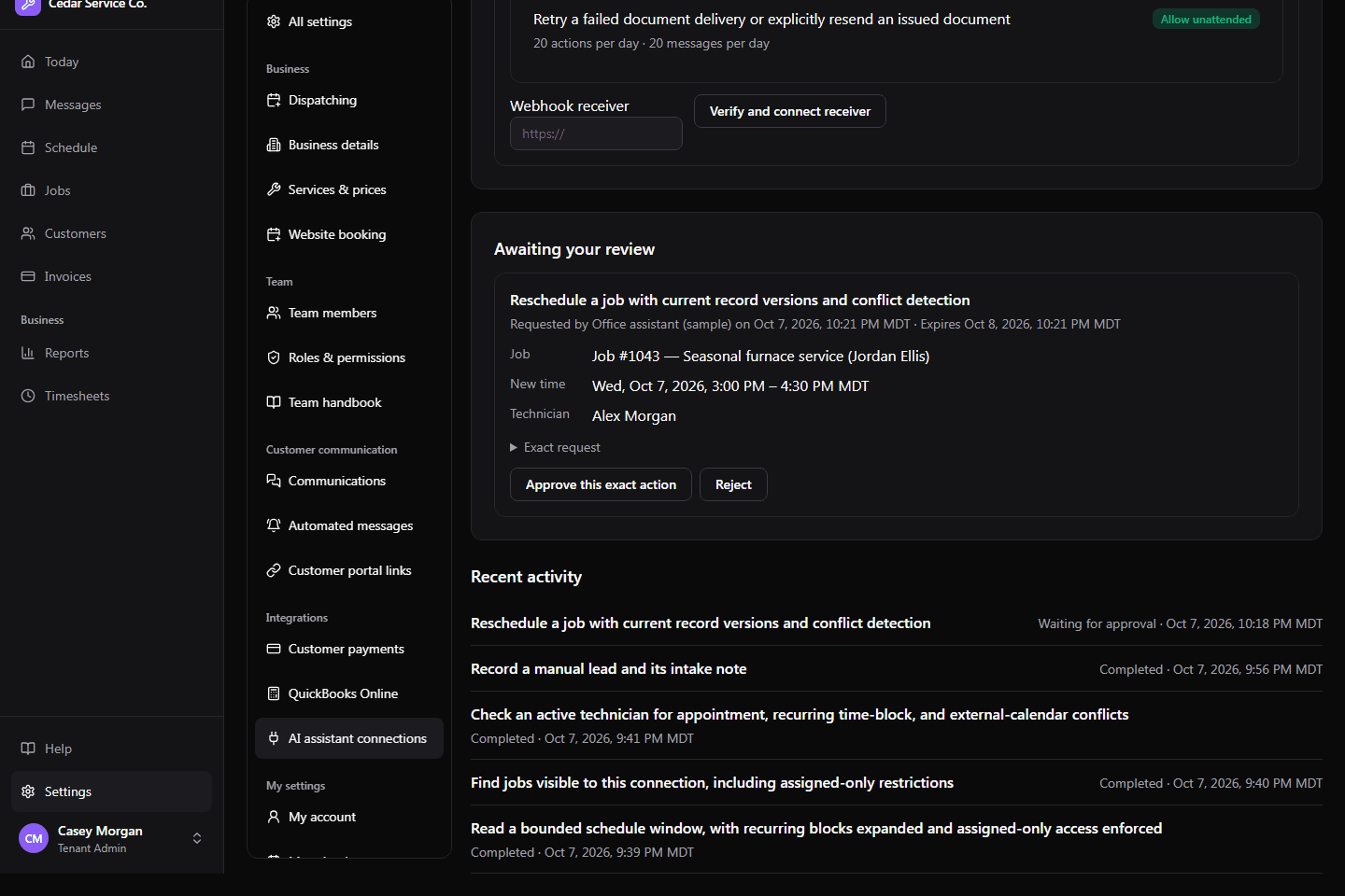 An assistant’s proposed change awaiting review, with an approve button for that exact action