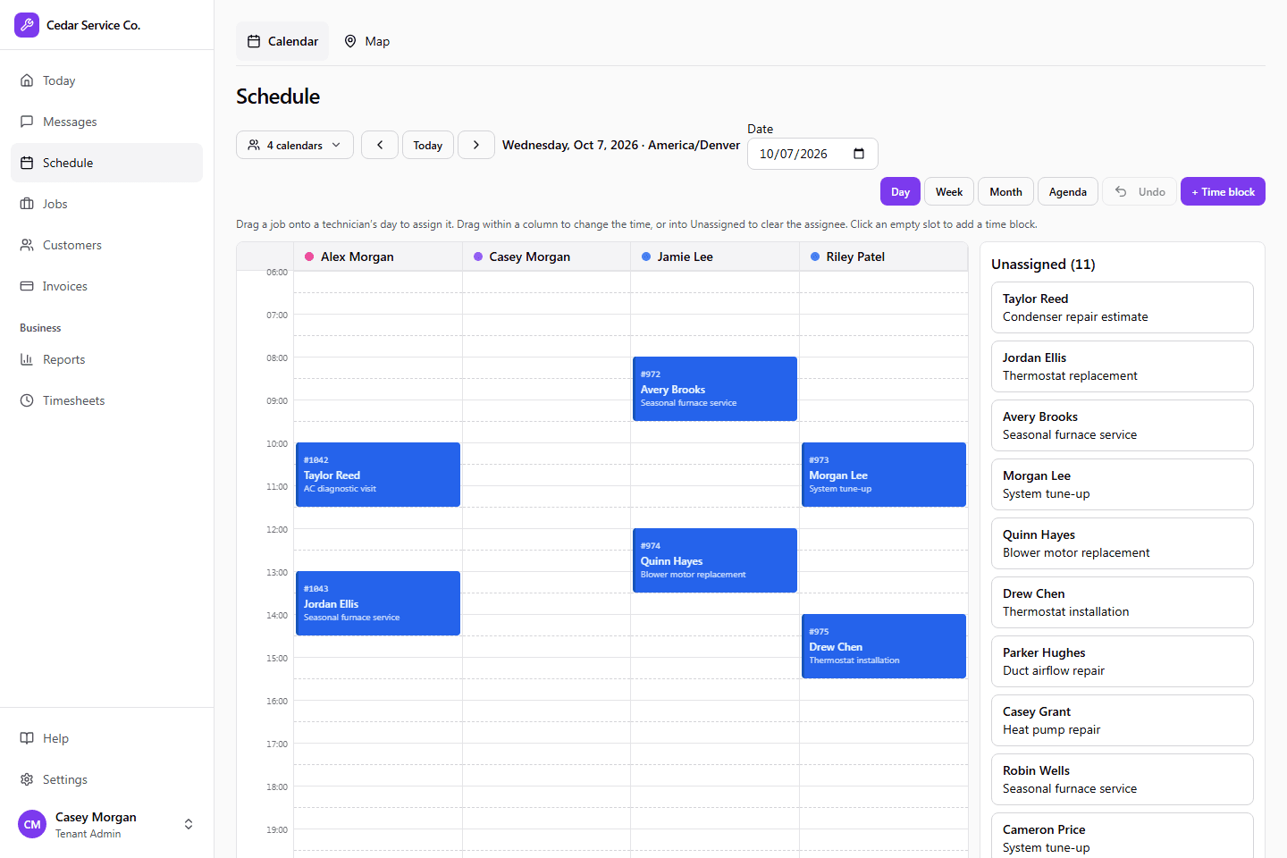 Crewsmith Schedule with technician columns and unassigned jobs