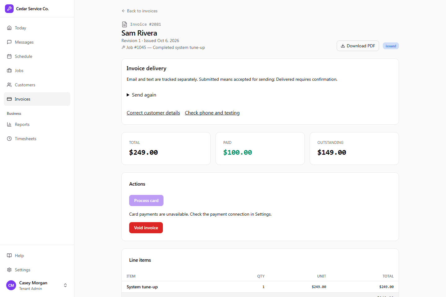 Sample invoice with its outstanding balance and recorded payment