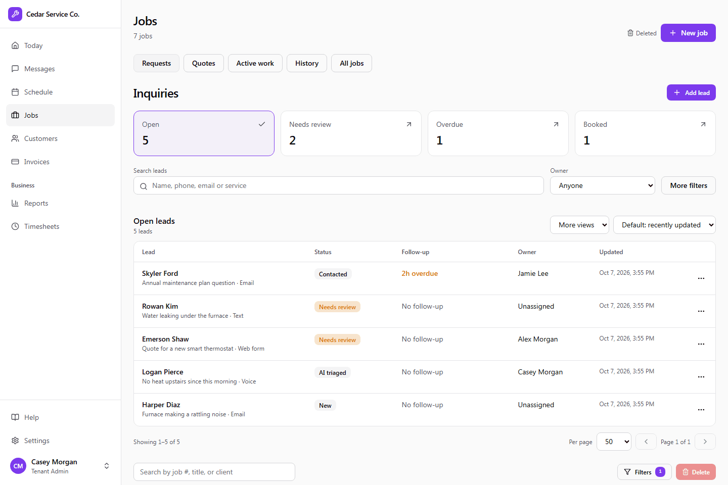 Crewsmith lead queues with open, needs review, overdue, and booked requests