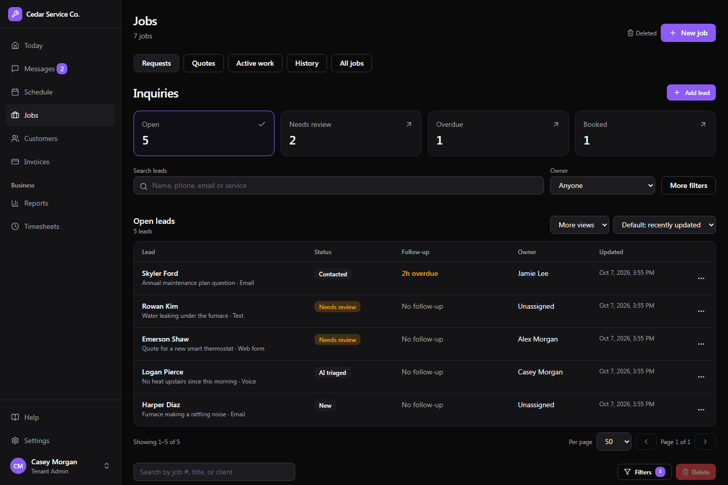 Crewsmith lead queues with open, needs review, overdue, and booked requests