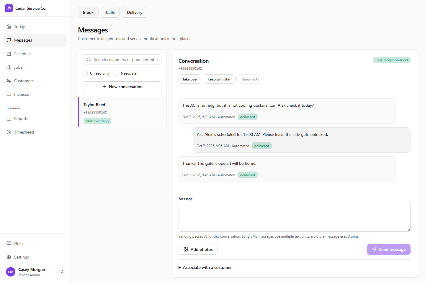 Crewsmith Messages with a sample customer conversation