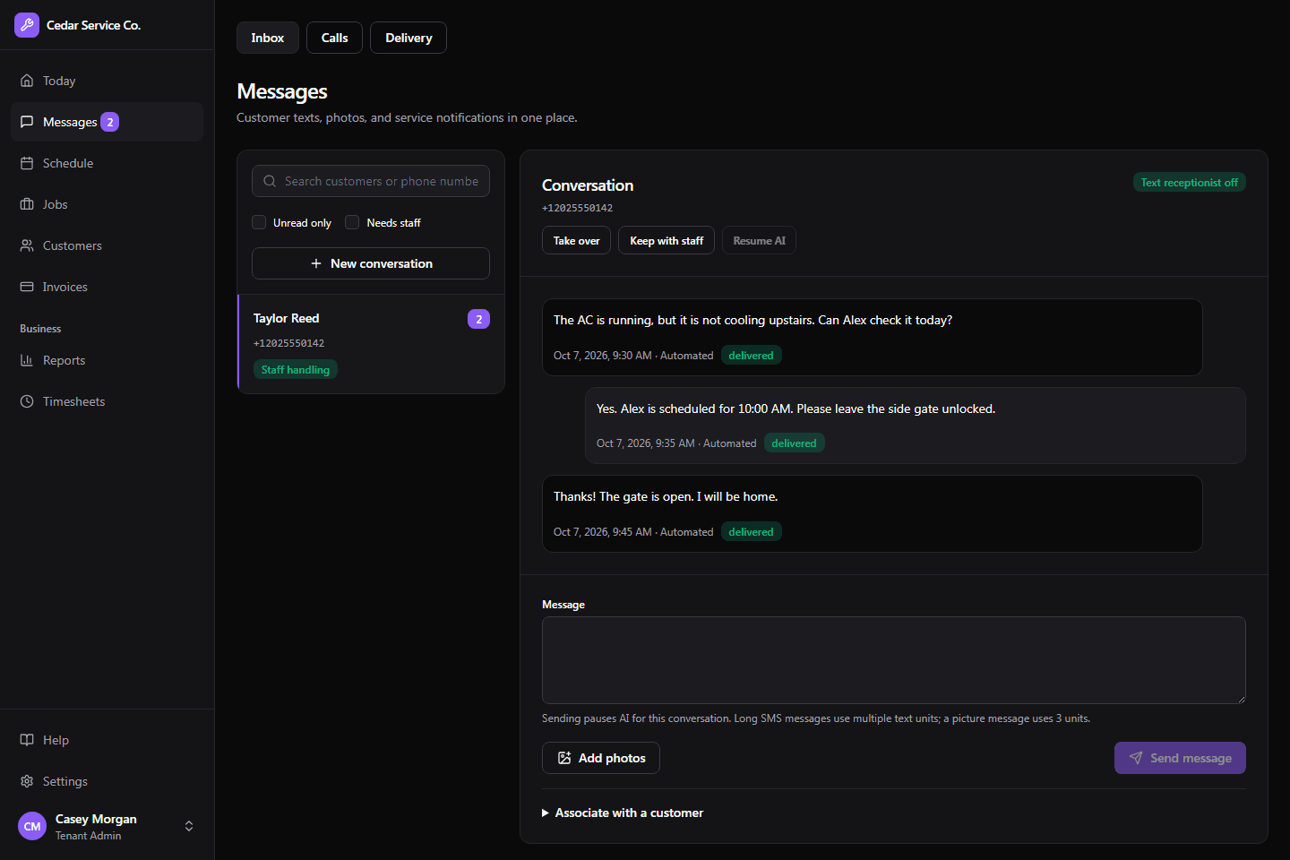 Crewsmith Messages with a sample customer conversation