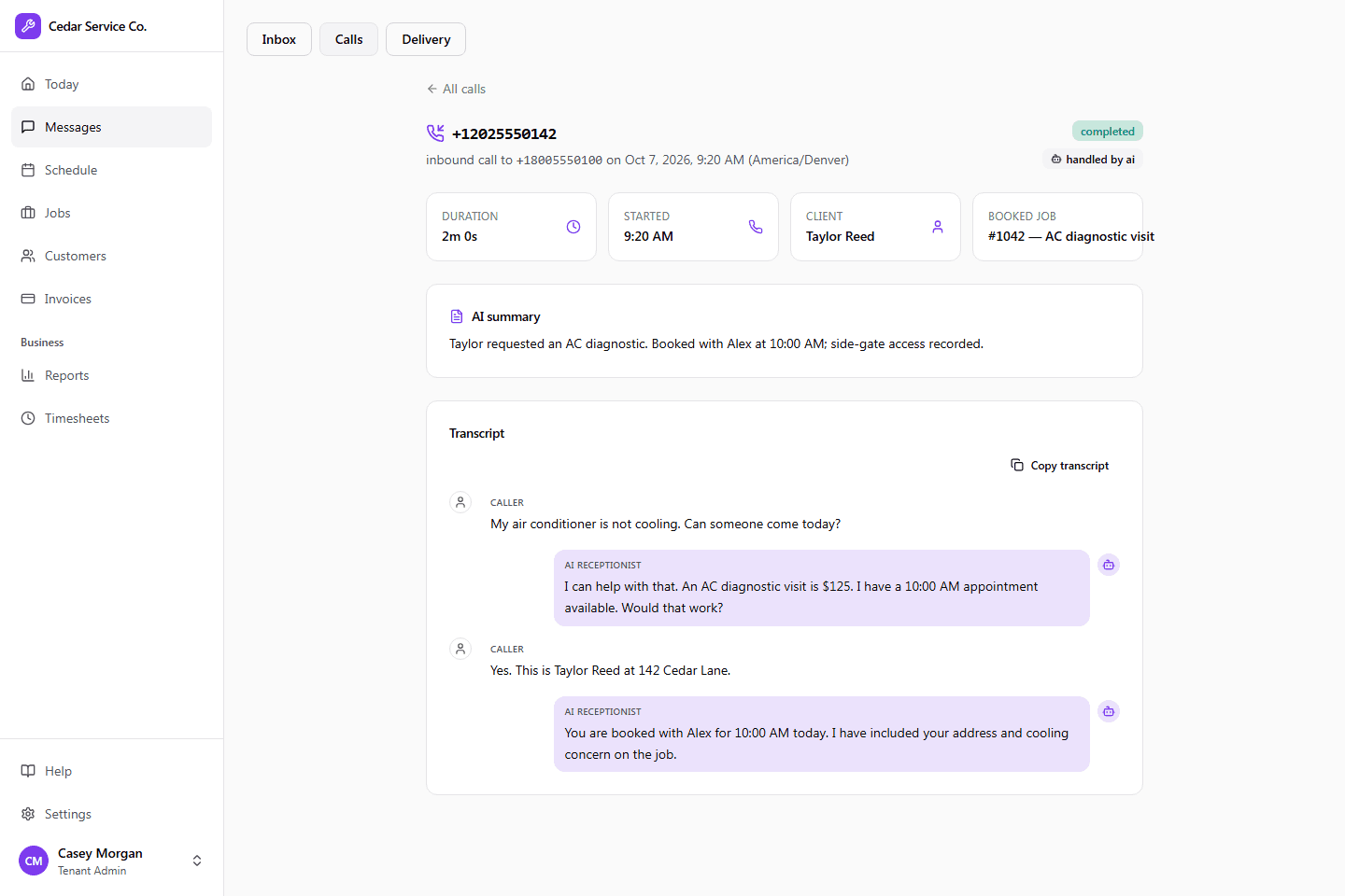 A receptionist call transcript and its recorded outcome in Crewsmith