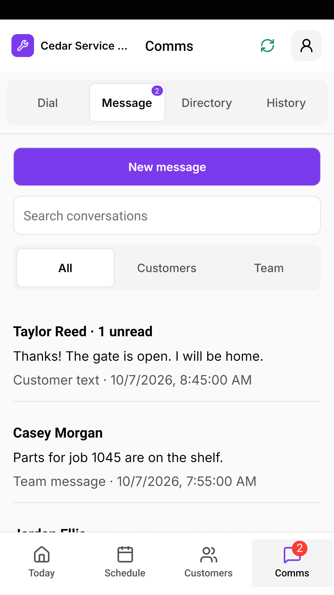Native Crewsmith Comms screen with customer conversations