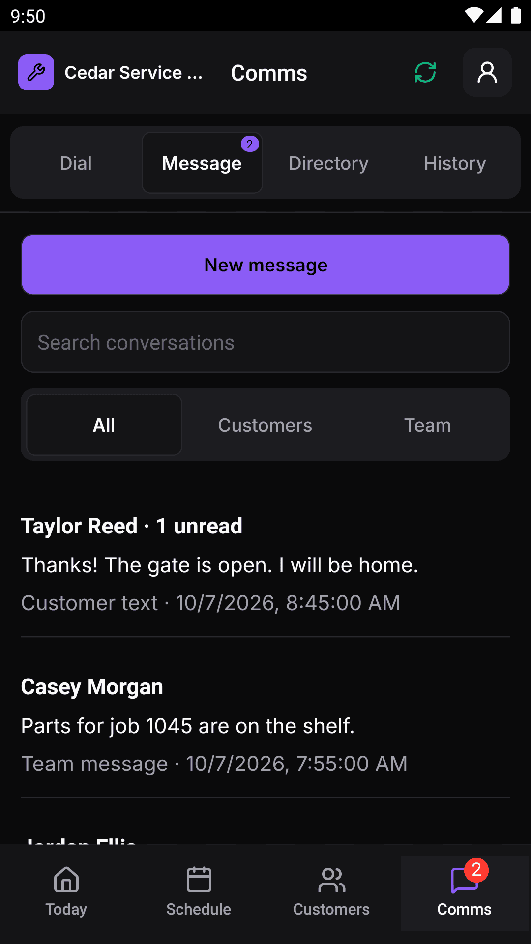 Native Crewsmith Comms screen with customer conversations