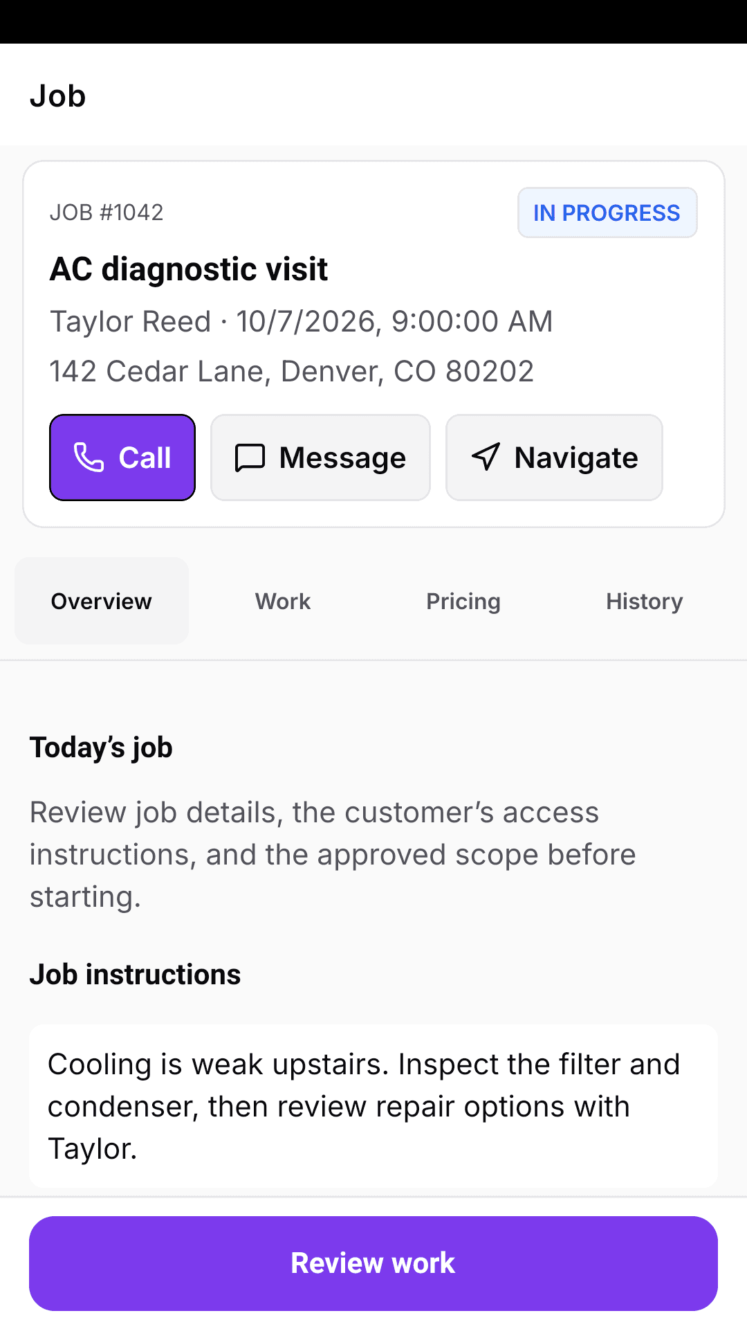 Native Crewsmith job workspace for Taylor Reed’s AC diagnostic visit