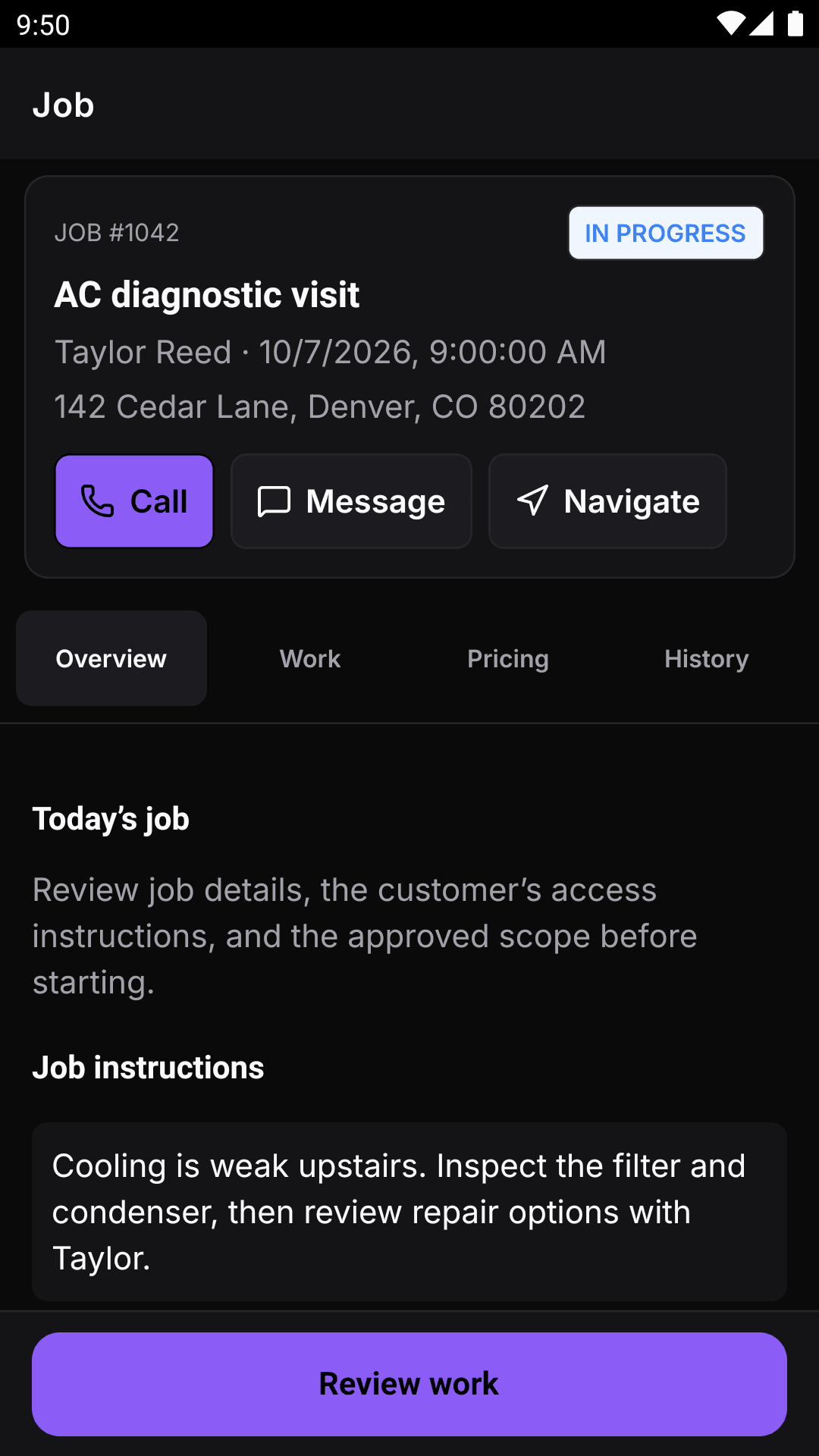 Native Crewsmith job workspace for Taylor Reed’s AC diagnostic visit