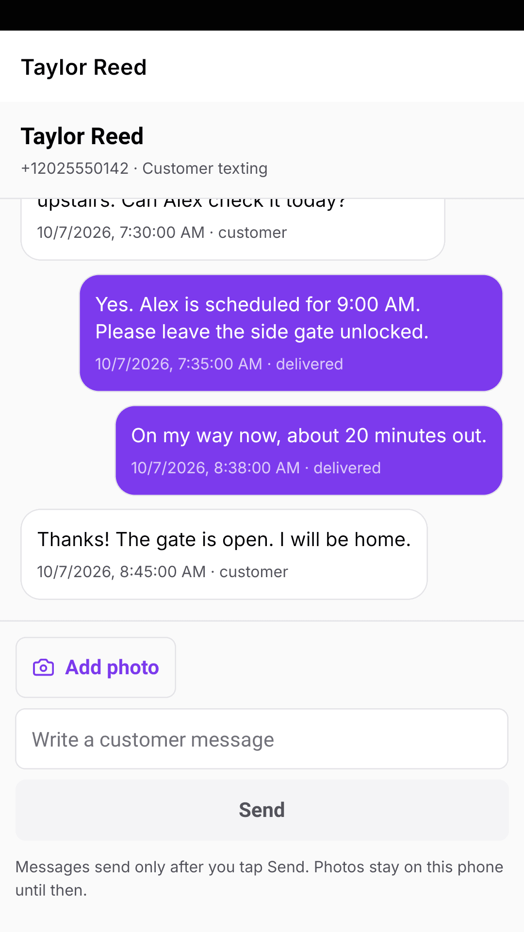 Native customer text conversation sent from the company number