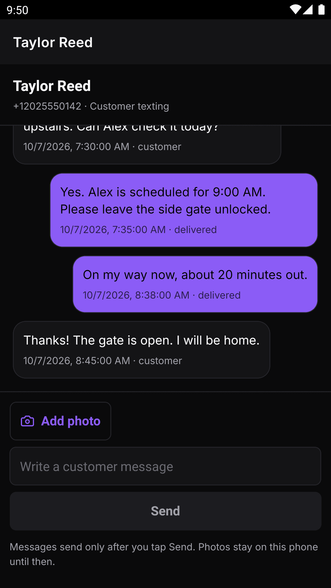 Native customer text conversation sent from the company number
