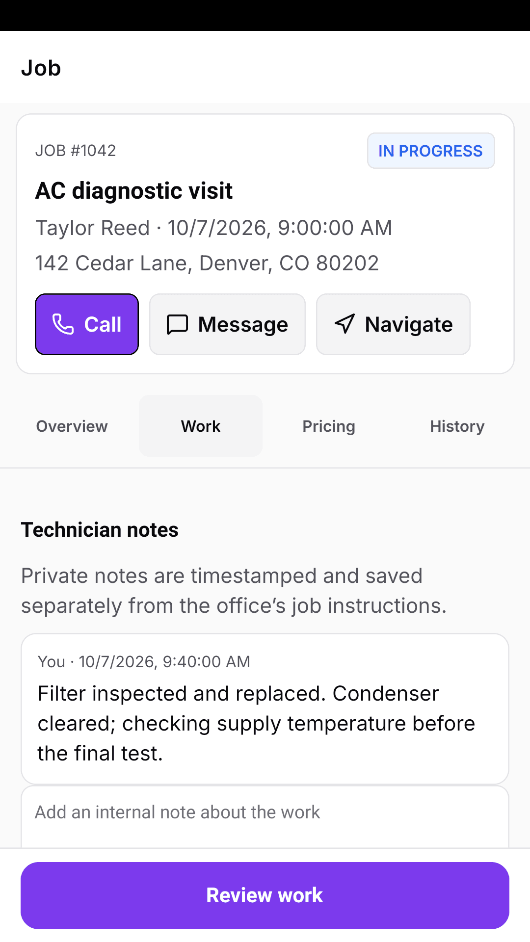 Native technician notes with timestamps on the job’s Work tab