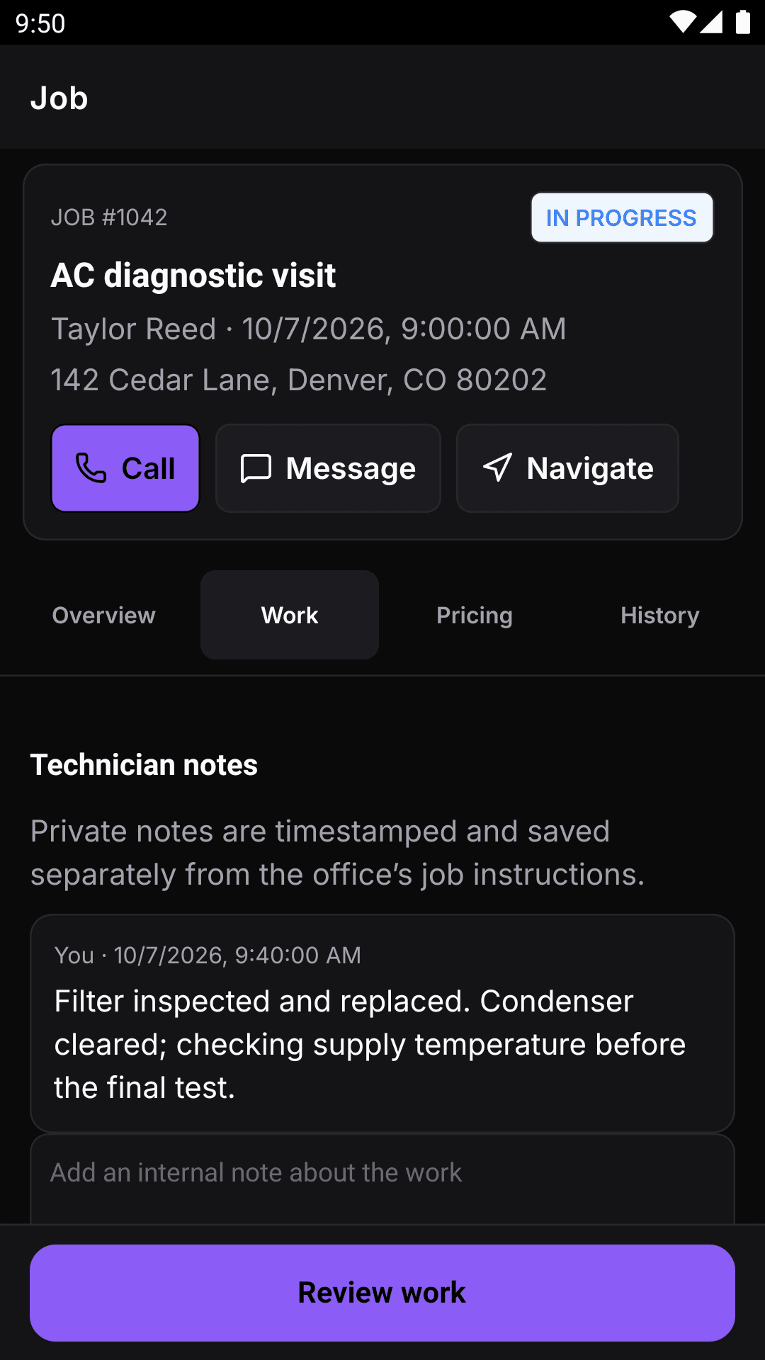 Native technician notes with timestamps on the job’s Work tab