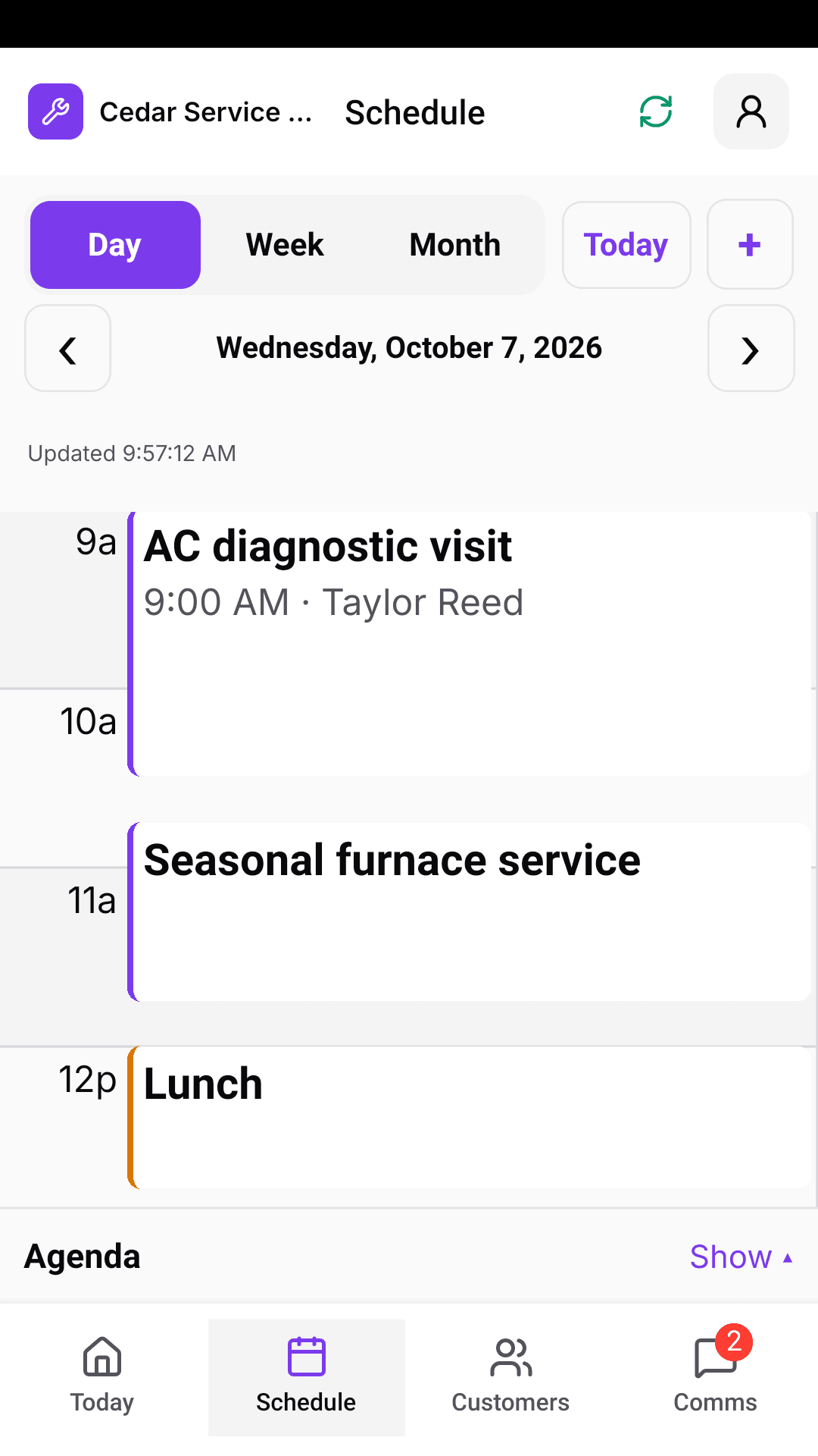 Native Crewsmith Schedule day view with the technician’s appointments